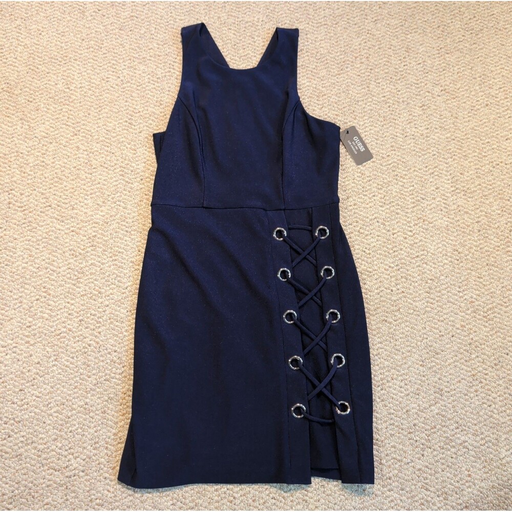 Guess Bodycon Dress Womens 12 Navy Blue Lace Up Side Grommet Sleeveless